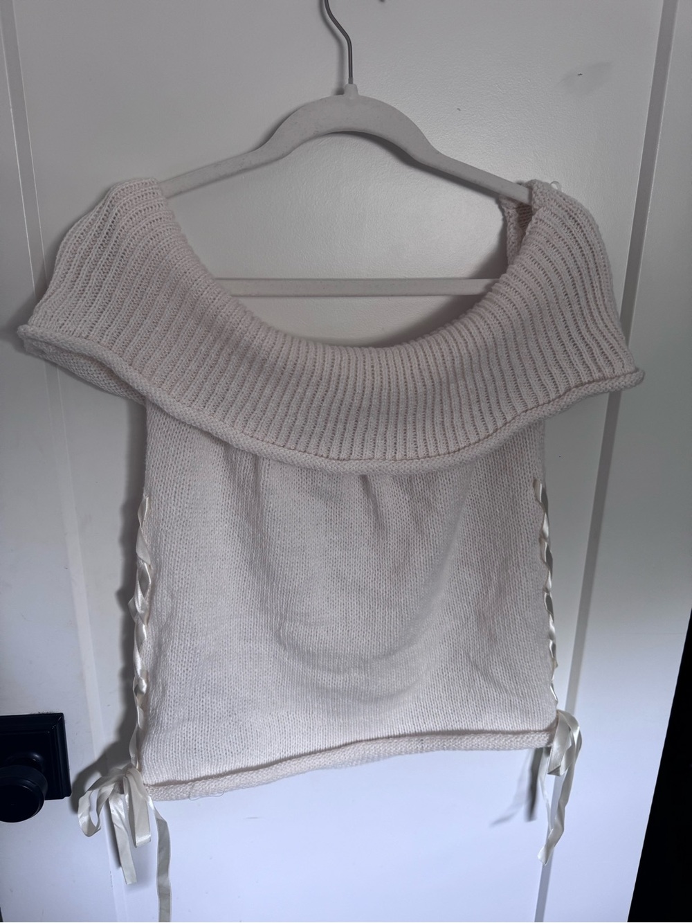 Off-Shoulder Cream Knit Sweater with Side Ribbon Detail